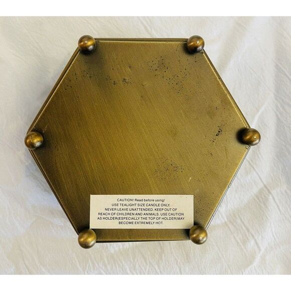 CANDLE HOLDER Hexagon w/Alternate Panels Of  Metal Holly  Scrolls & Glass Ferns - Picture 6 of 9